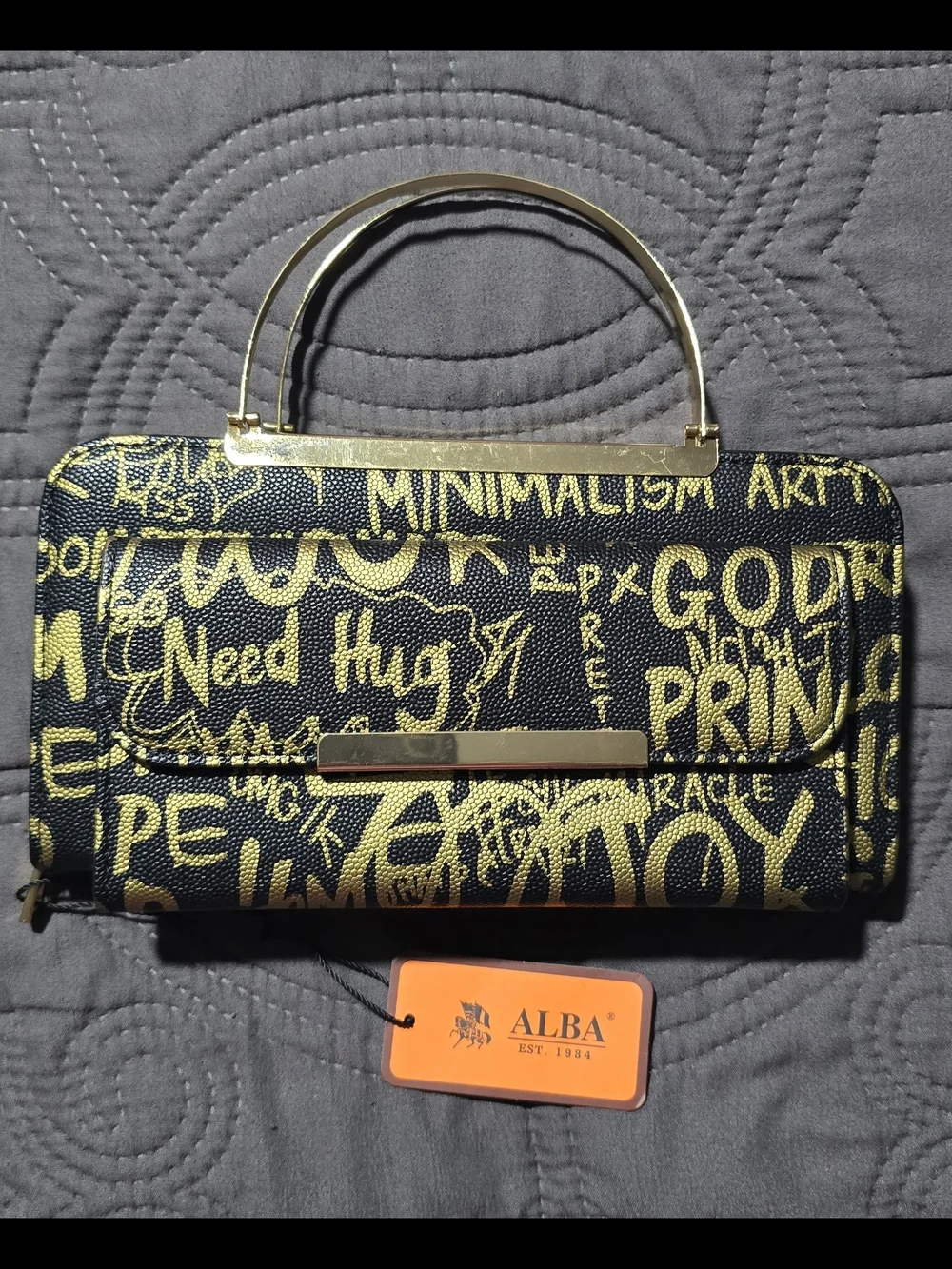 Black and Gold Graffiti Leather Top-Handle Bag